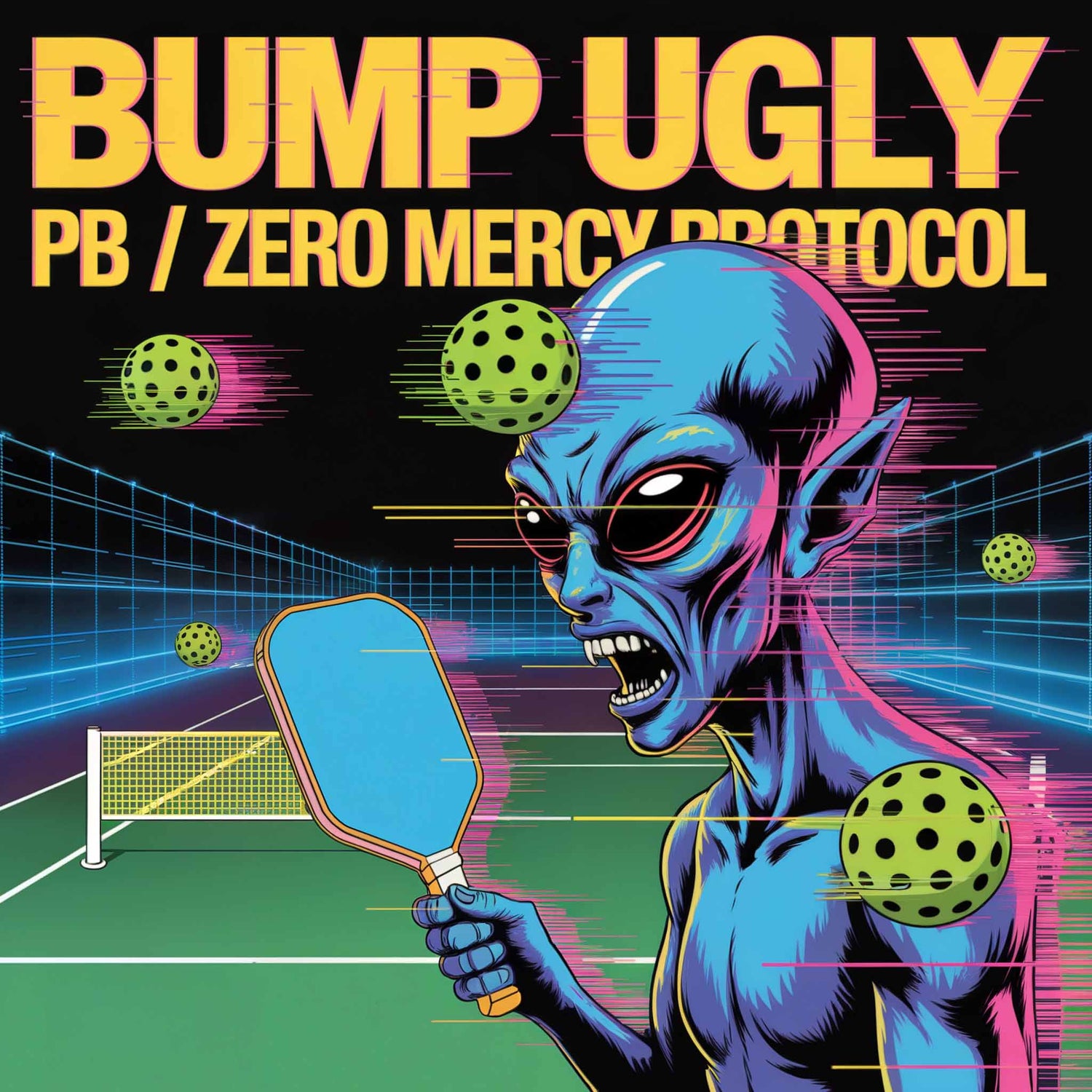 Bump Ugly PB collection featuring cyberpunk glitch art and aggressive pickleball competition designs