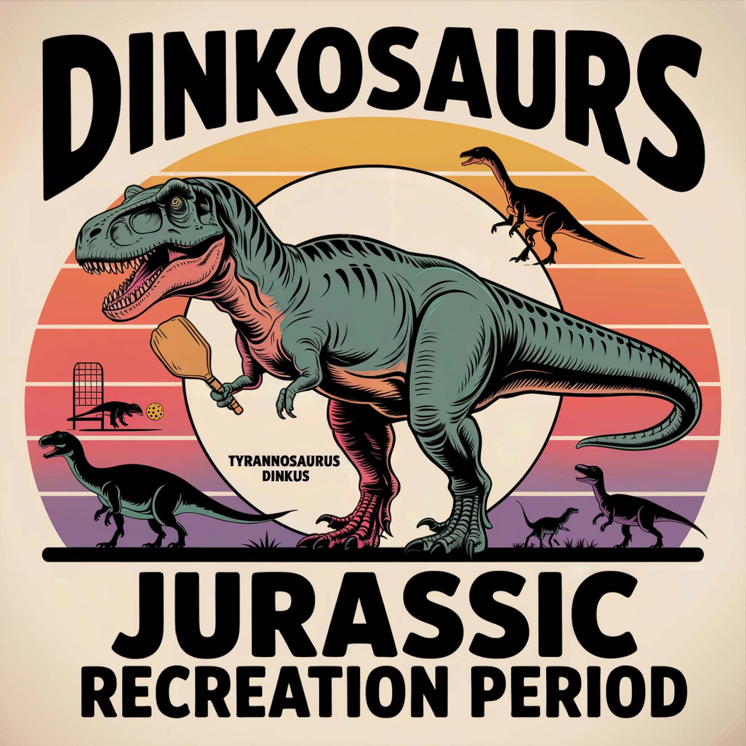 Dinkosaurs Exhibit collection showcasing retro dinosaurs playing pickleball with 70s sunset gradients