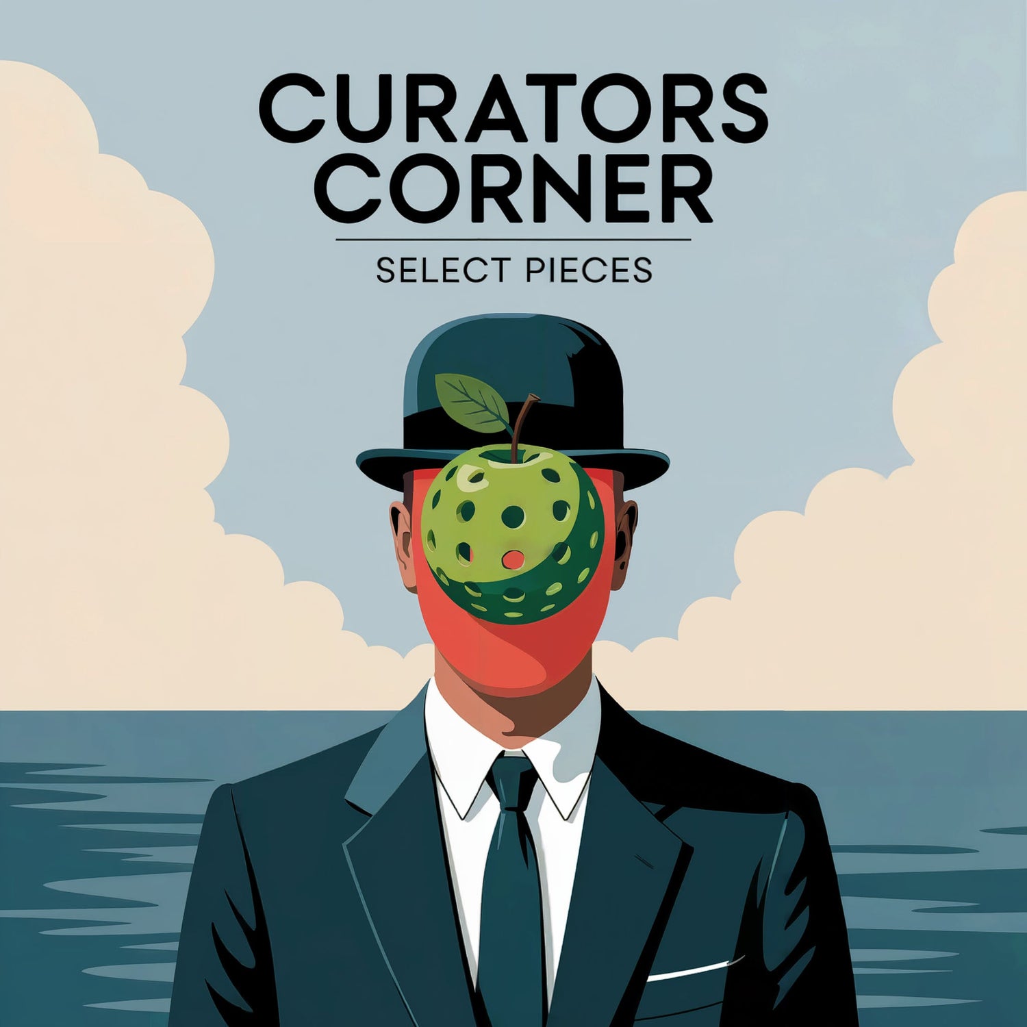 Surrealist-style portrait of curator with pickleball replacing face, Magritte-inspired composition with ocean horizon