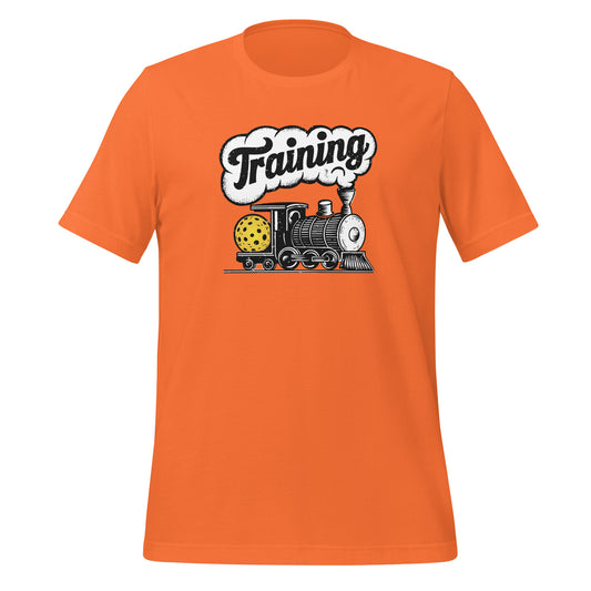 The Pickleball Express Train T-Shirt shown in an alternate color, featuring the same vintage steam engine and “Training” graphic.
